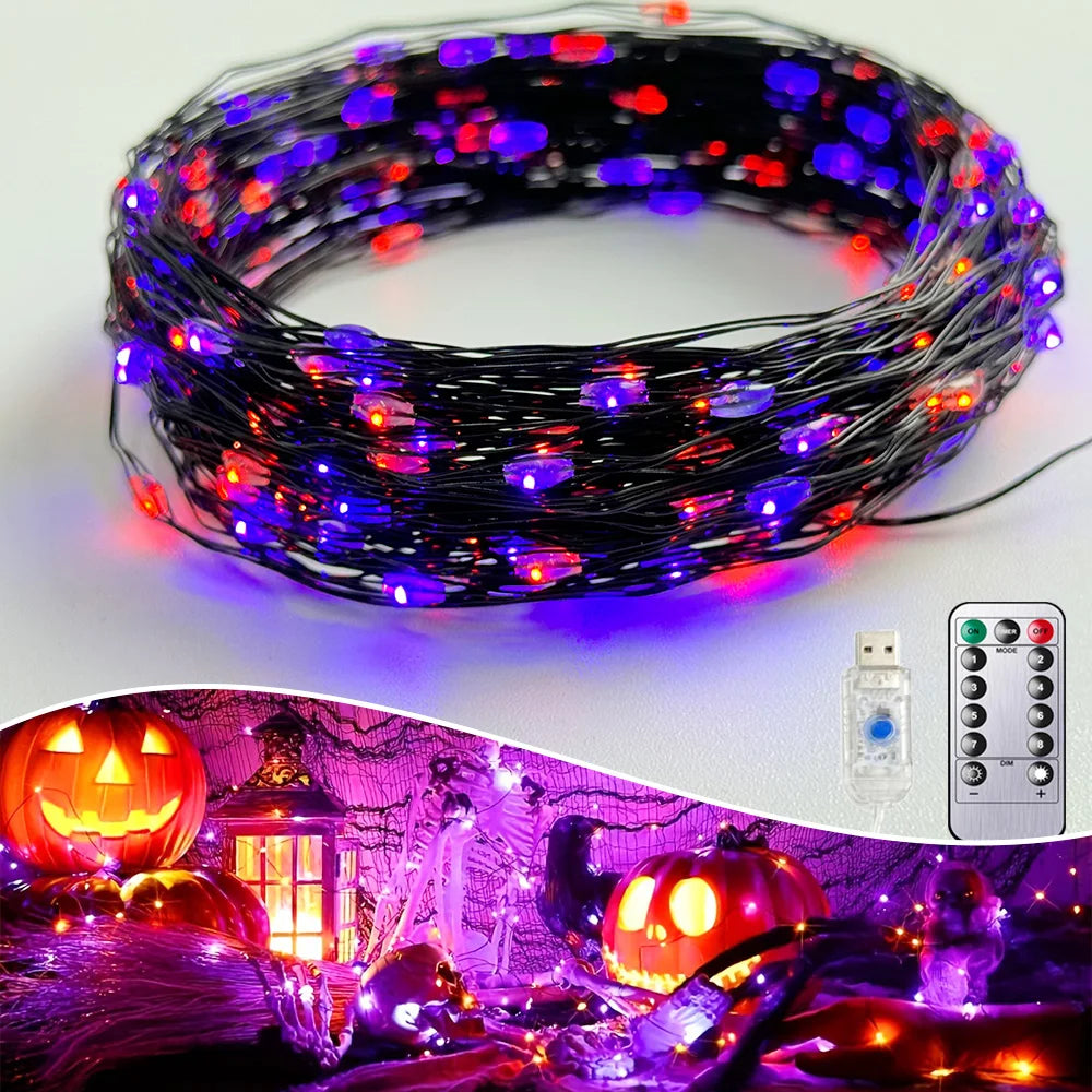 Halloween Purple Fairy String Lights – 100/200 LED Black Wire, 8 Modes for Party & Holiday Decor
