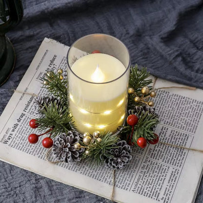 Christmas Candle Holder Candlestick Wreath Artificial Cherry Pinecone Garland Ornaments Home New Year Xmas Wedding Party Decor