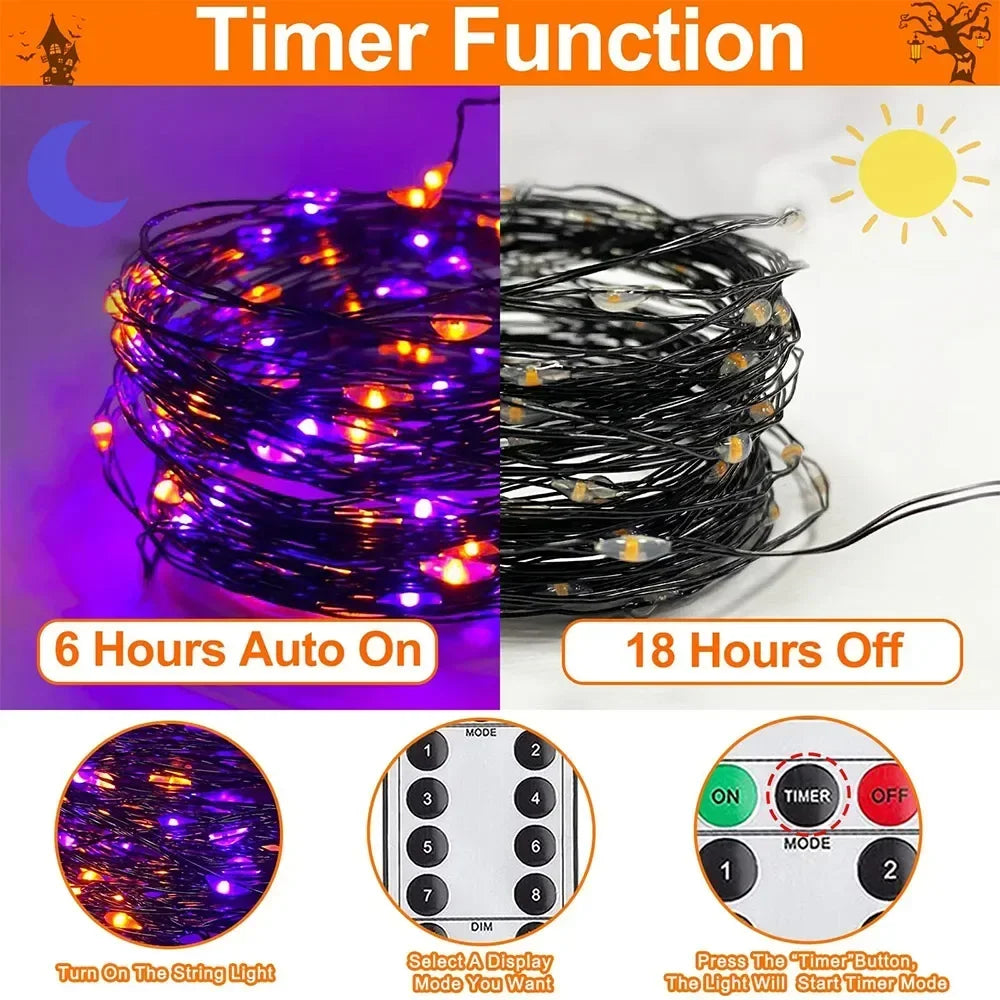 Halloween Purple Fairy String Lights – 100/200 LED Black Wire, 8 Modes for Party & Holiday Decor