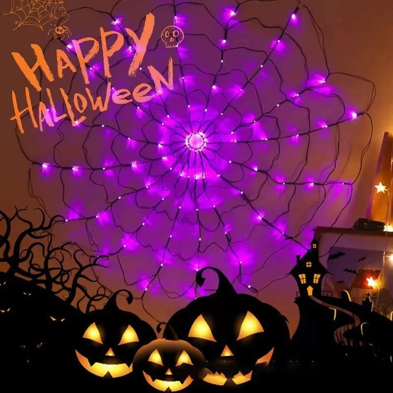 Halloween LED Spider Web Lights – Glowing Decoration for Yard, Window & Party