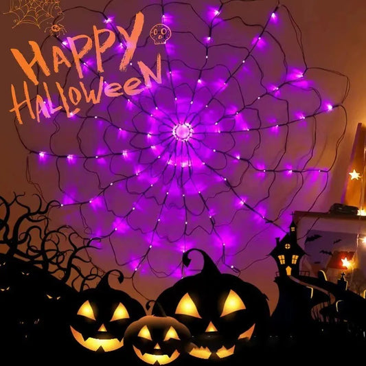 Halloween LED Spider Web Lights – Glowing Decoration for Yard, Window & Party