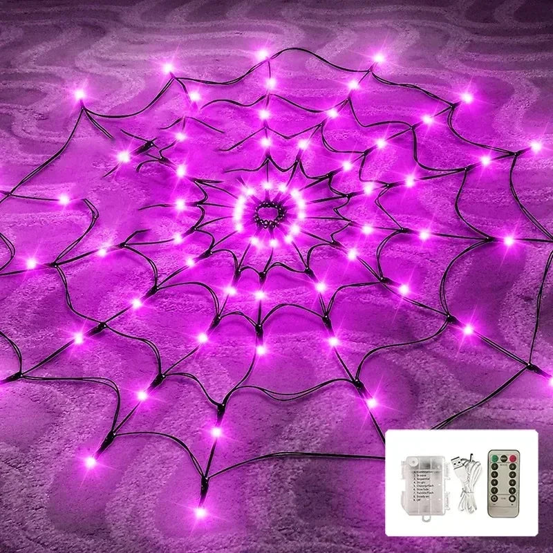 Halloween LED Spider Web Lights – Glowing Decoration for Yard, Window & Party