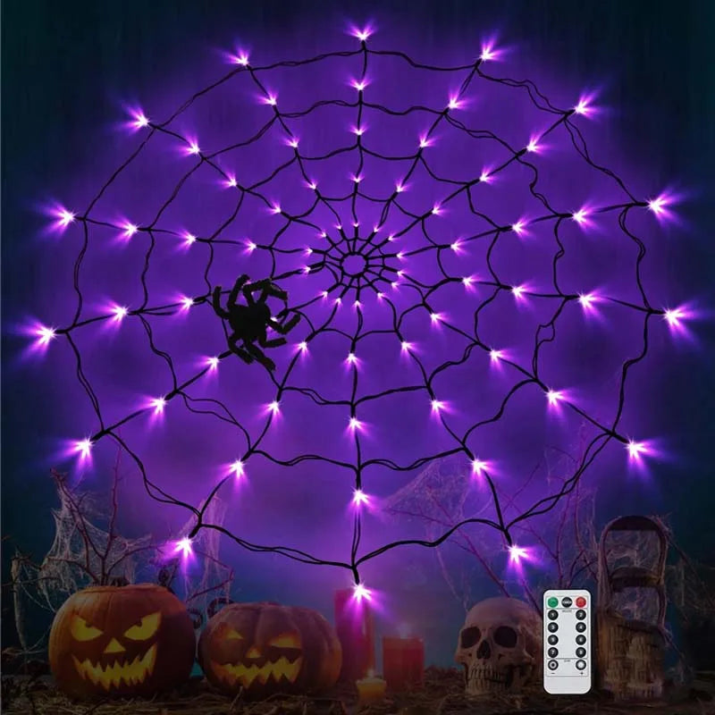 Halloween LED Spider Web Lights – Glowing Decoration for Yard, Window & Party