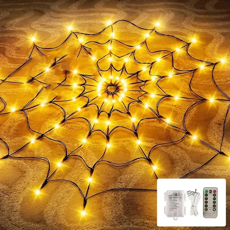 Halloween LED Spider Web Lights – Glowing Decoration for Yard, Window & Party