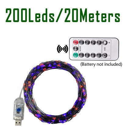Halloween Purple Fairy String Lights – 100/200 LED Black Wire, 8 Modes for Party & Holiday Decor